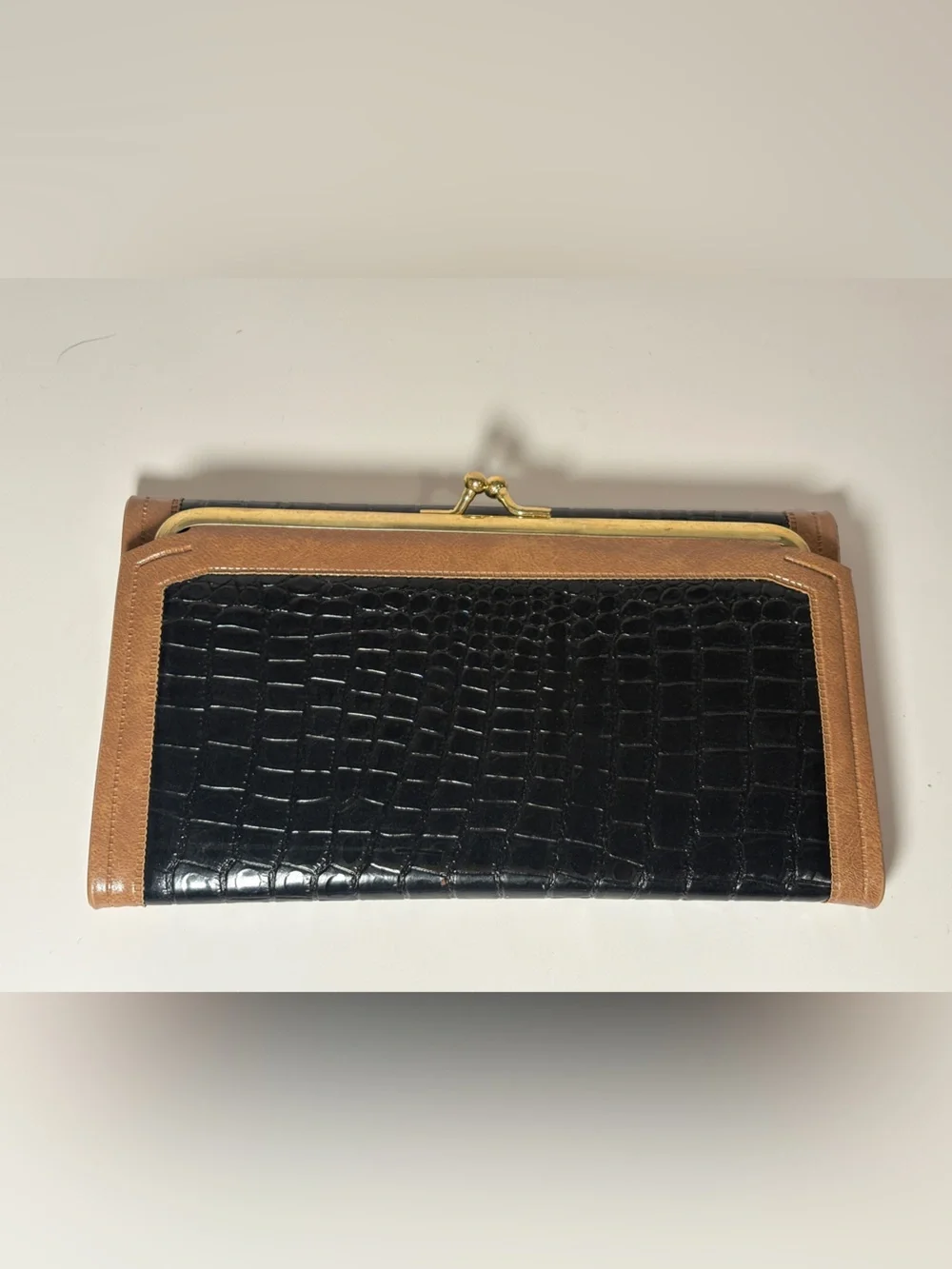 Black Crocodile Embossed Leather Checkbook Wallet Brown Trim
